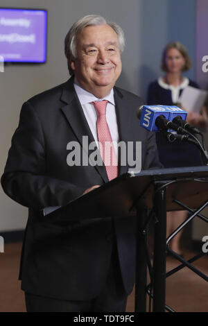 New York, NY, USA. 18th June, 2019. United Nations, New York, USA, June 18, 2019 - Secretary-General Antonio Guterres and Adama Dieng, Special Adviser on the Prevention of Genocide, jointly brief press following the launch of the United Nations Strategy and Plan of Action on Hate Speech today at the UN Headquarters in New York.Photo: Luiz Rampelotto/EuropaNewswire.PHOTO CREDIT MANDATORY. Credit: Luiz Rampelotto/ZUMA Wire/Alamy Live News Stock Photo