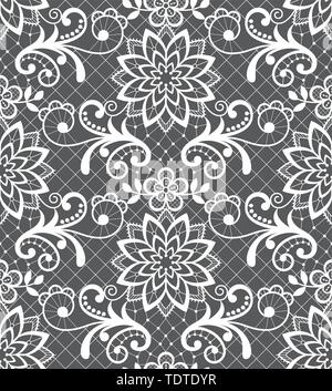 Seamless vector pattern - lace design with flowers and swirls, detailed ornament in white on gray background Stock Vector