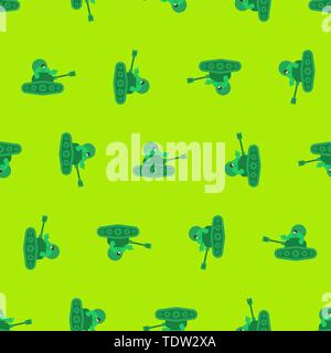 Cartoon tank and trooper pattern seamless. Childrens soldier background. Vector Texture. weapon attack ornament Stock Vector