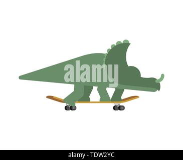 Styracosaurus on skateboard. Dino Skateboarder.  Prehistoric lizard monster riding longboard Stock Vector