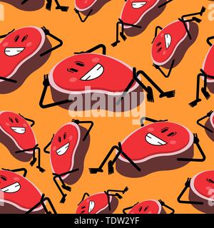 Steak happy pattern seamless. cartoon piece of meat background. Vector texture Stock Vector