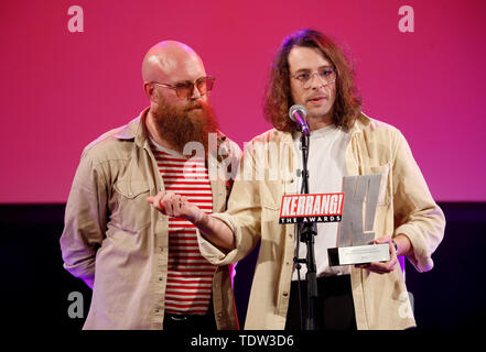 Idles' Adam Devonshire (left) and Lee Kiernan (right) with the Best British Breakthrough award at the Kerrang! Awards at Islington Town Hall, London. Stock Photo