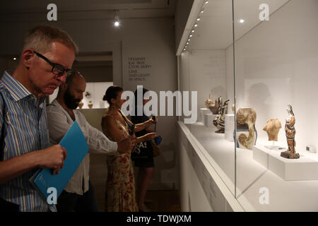 Athens, Greece. 19th June, 2019. Visitors view works of art at the media preview of 'Picasso and Antiquity. Line and Clay' at the Museum of Cycladic Art in Athens, Greece, June 19, 2019. A rare exhibition about Pablo Picasso and his inspiration from ancient Greek art is to open here at the Museum of Cycladic Art on Thursday. Credit: Marios Lolos/Xinhua/Alamy Live News Stock Photo