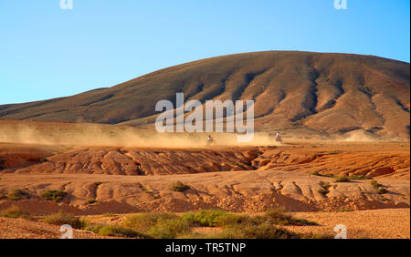 motocross driver speed in semidesert, Canary Islands, Fuerteventura, La Olivia Stock Photo