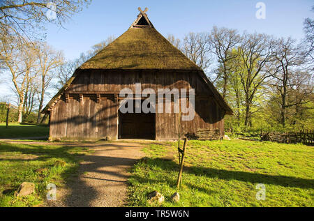 old farmhouse with thatched roof in a open-air museum, Germany, Lower Saxony, Lueneburger Heide, Wilsede Stock Photo