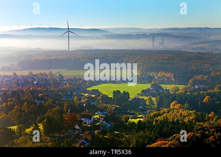 view of mountains Wesergebirge at Porta Westphalica in autum, aerial picture, Germany, North Rhine-Westphalia, East Westphalia, Porta Westfalica Stock Photo