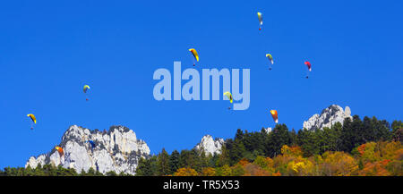 paragliders over the mountains at Lake Annecy, France, Savoie, Haute Savoie Stock Photo