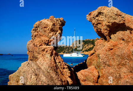 Sail boat in the bay of Roccapina in south of Corsica island. France, France, Corsica Stock Photo