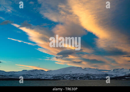 dawn over island Kvaloya, Norway, Troms, Tromsoe Stock Photo