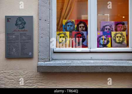 pictures of Ludwig van Beethoven in a window in the old city, Germany, North Rhine-Westphalia, Bonn Stock Photo