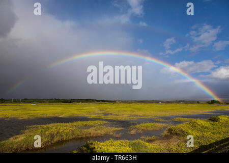 rain cloud and rainbow over salt meadows, USA, Hawaii, Kealia Pond, Kihei Stock Photo