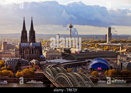 panorama of the city with Cologne Cathedral, Hohenzollern Bridge and Rhine, Germany, North Rhine-Westphalia, Rhineland, Cologne