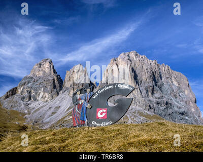Sella Pass South Tyrol, sign Val Gardena, Groeden, Italy, South Tyrol, Dolomites Stock Photo