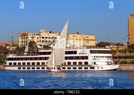 felucca and passenger ship on the Nile, Egypt, Felucca Stock Photo