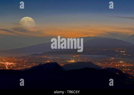 full moon over Mount Teide, view of Santa Cruz, Canary Islands, Tenerife Stock Photo