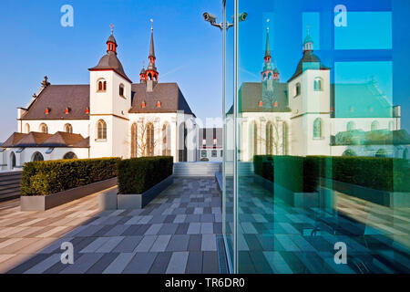 chruch Alt St. Heribert reflecting in Lanxess AG Headquarter, Germany, North Rhine-Westphalia, Cologne Stock Photo