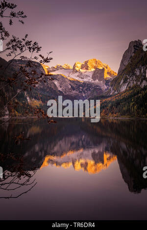 lake Vorderer Gosausee with Dachstein at sunrise, Austria, Upper Austria, Salzkammergut Stock Photo