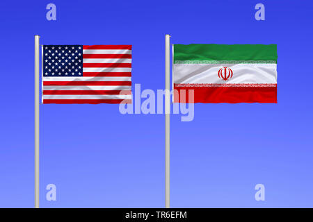 flags of USA and Iran against blue sky, Iran Stock Photo