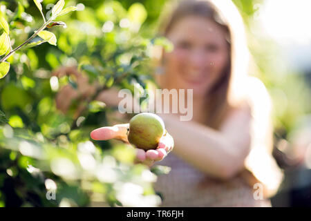 young woman has picked a green apple, Germany Stock Photo
