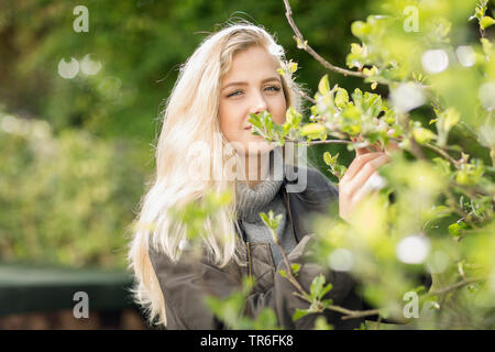 young blond woman at an apple tree, Germany Stock Photo