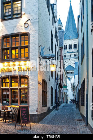 Salzgasse with restaurant, view through narrow lane to Great St. Martin Church in the evening, Germany, North Rhine-Westphalia, Cologne Stock Photo