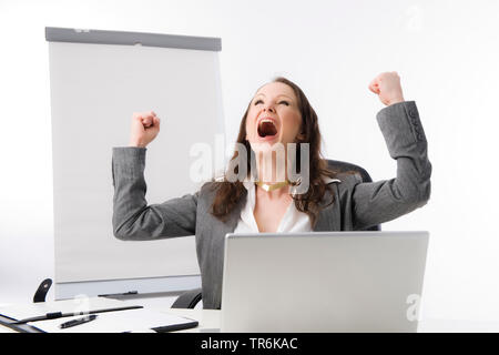 business woman at office cheering