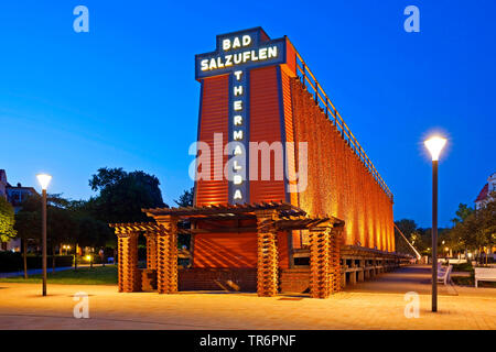 illuminated Graduation tower with lettering in the blue hour, Germany, North Rhine-Westphalia, East Westphalia, Bad Salzuflen Stock Photo