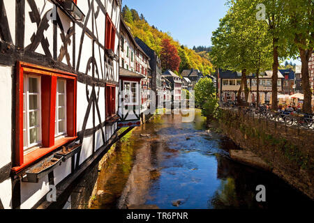 half-timbered houses at the river Rur, Germany, North Rhine-Westphalia, Monschau Stock Photo