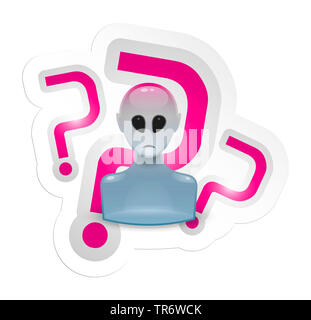 3D-Alien-Icon with question marks in the background Stock Photo
