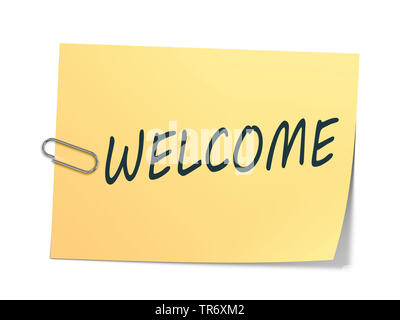 3D computer graphic, memo in yellow color reading WELCOME Stock Photo