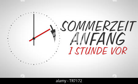 3D computer graphic, clock with clock hands symbolise saving time lettering SOMMERZEIT ANFANG (summer time begins) Stock Photo