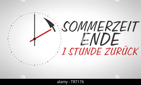 3D computer graphic, clock with clock hands symbolise saving time lettering SOMMERZEIT ENDE (summer time ends) Stock Photo