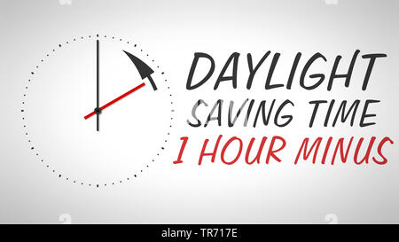 3D computer graphic, clock with clock hands symbolise saving time lettering DAYLIGHT SAVING TIME Stock Photo