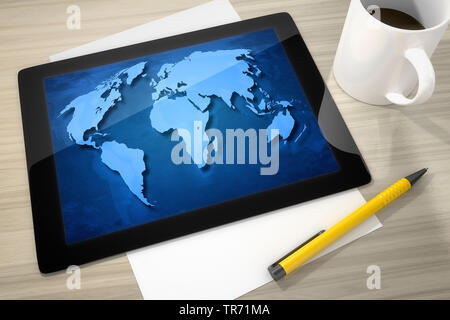 3D computer graphic, tablet computer showing a world map on the display Stock Photo