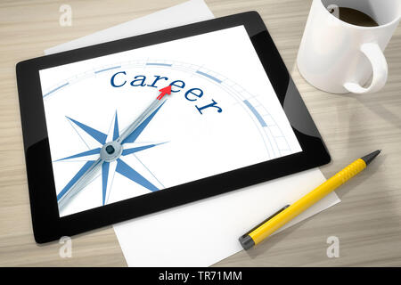 3D computer graphic, tablet computer showing a compass lettering CAREER on the display Stock Photo