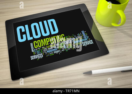 3D computer graphic, tablet computer lettering text CLOUD COMPUTING on the display Stock Photo