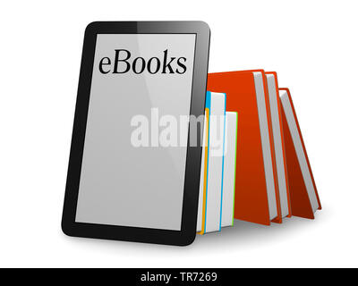 3D computer graphic, tablet lettering eBOOK leaning against books Stock Photo