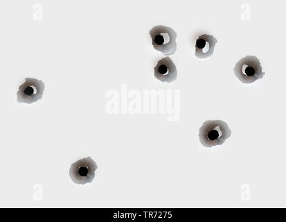 3D computer graphic, white painted metal plate with bullet holes Stock Photo