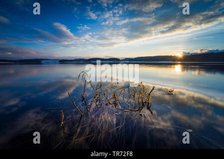 storage lake Talsperre Poehl at sunrise in winter, Germany, Saxony, Vogtland Stock Photo