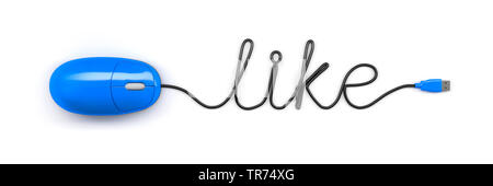 3D computer graphic, computer mouse in blue color with the word LIKE illustrated by the cable Stock Photo
