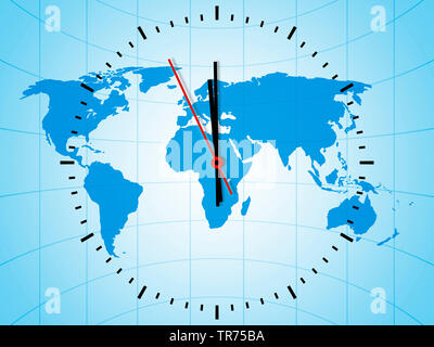 clock with world map just before 12 o'clock Stock Photo