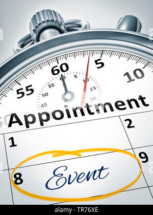 3D computer graphic, stopclock against white background lettering APPOINTMENT/EVENT Stock Photo