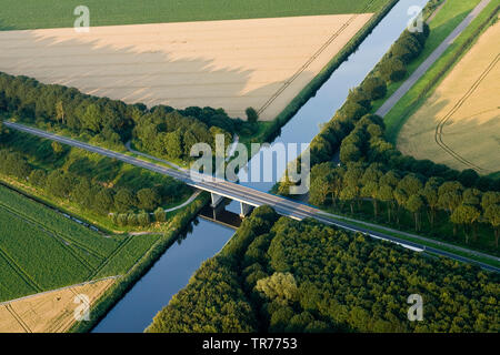 highway through a field landscape, aerial view, Netherlands, Northern Netherlands Stock Photo
