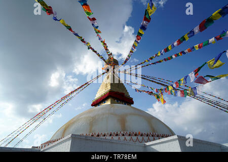 Lungta prayer flags at Boudhanath stupa in Kathmandu Stock Photo