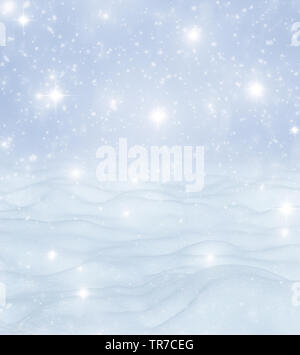 Natural Winter Christmas background with blue sky, heavy snowfall, snowflakes in different shapes and forms, snowdrifts. Winter landscape with falling Stock Photo