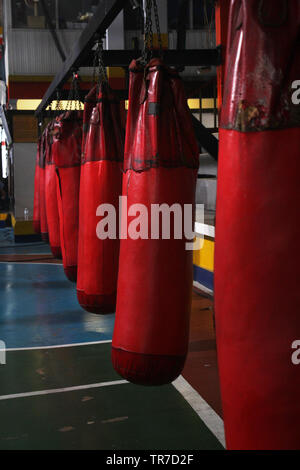 a row of hanging red sanbag are setup in a gmy for shooting a movie Stock Photo