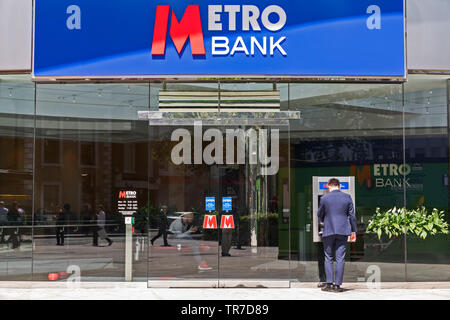 A branch of Metro Bank in Moorgate, London, UK. Founded in 2010, shares in the bank have recently hit record lows. Stock Photo