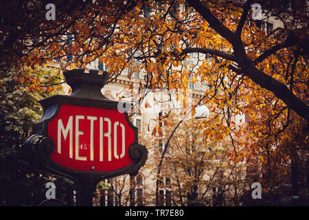 Paris Metro sign in Autumn Stock Photo