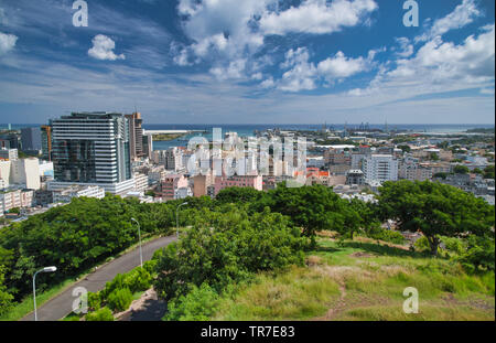 Port Louis skyline, aerial view from city fortress. Stock Photo