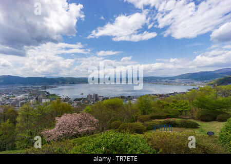 Landscape of Lake Suwa and Suwa City in Nagano, Japan. Stock Photo